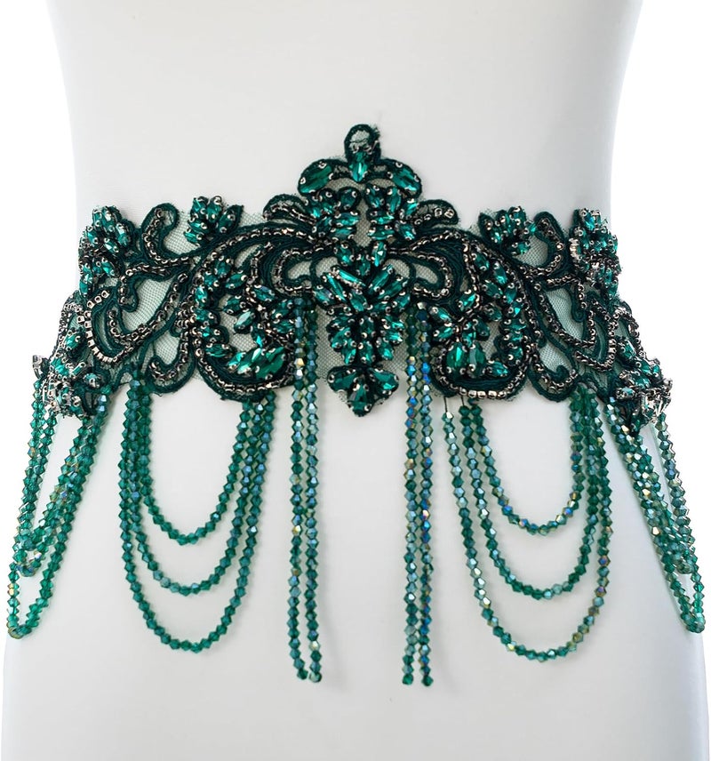 amusediy Deep Green Beaded Rhinestones Applique Embellishment for Clothes,Epaulettes Shoulder Patches Sew-on Diamond Sequin Applique for Wedding Dress DIY Accessories Belt Waist Decoration - Image 3